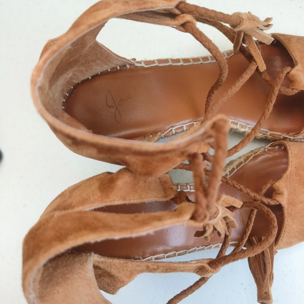 Joie light brown Phyllis suede leather wedge espadrille tie up sandals size 36 w